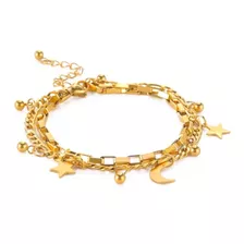 Pulsera Cadena Gruesa Doble Luna Estrellas Borlas Oro 18k