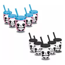 Kit 30 Copos Urso Panda Com Canudo 300ml Decorativo Festa