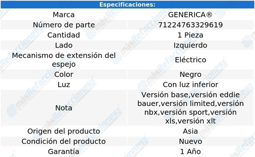 Espejo Izq Elect C/luz Inf Ford Explorer 02-05 Generica Foto 2