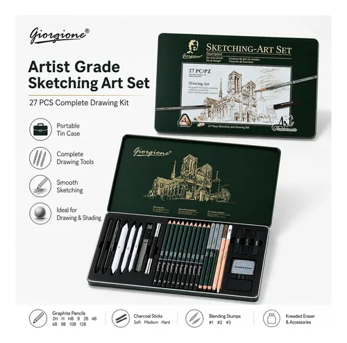 Set Lapices Sketching X 27 Piezas Giorgione Lata Metalica Surtido