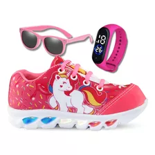 Tenis De Led Infantil Feminino Unicornio + Relogio + Oculos