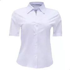 Camisete Feminino Camisa Social Branco Manga Curta Bordado