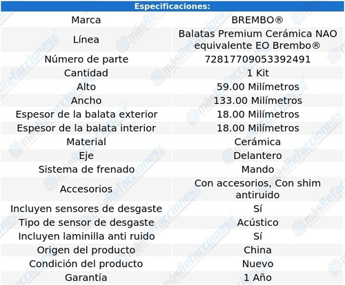 Balatas Cermicas Delanteras Optima De 2011 A 2016 Brembo Foto 3