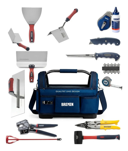 Kit Bremen: Herramientas Durlock 15 Pz + Bolso Portaherramientas Abierto Base Plástica Azul