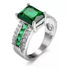 Anel Pedra Verde Esmeralda Banhado A Prata Luxo