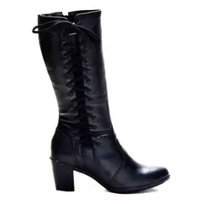 Bota Cano Alto Bico Fino Feminina De Couro Preto