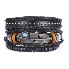 Conjunto Pulsera Brazalete Cuero 3 En 1 Pluma Punteada