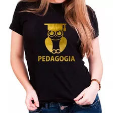 Camiseta Baby Look Preta Pedagogia Professora Dourada