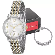 Kit Relógio Mondaine Feminino Com Pulseira Fashion Original Cor Da Correia Bicolor Cor Do Bisel Prateado Cor Do Fundo Prateado