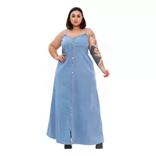 Vestido Longo Jeans Plus Size Alcinha Regata Botões Frontal