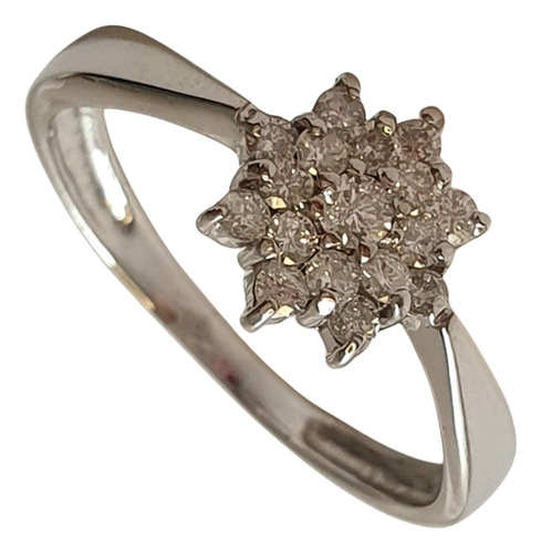 Anel Chuveiro Flor De Diamantes 0,30ct Em Ouro 18k 750 Branco 17