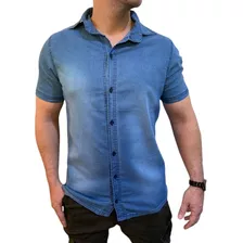 Camisa Social Masculina Slim Com Elastano Manga Curta