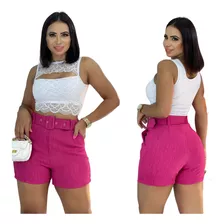 Shorts Feminino Cintura Alta Cinto Linho Bolso Lateral Novo