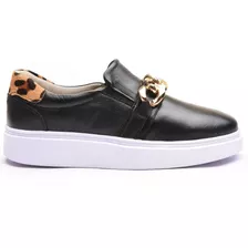 Slip On Feminino Preto Em Couro Legítimo Conforto Tendência