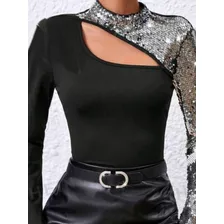 Blusa Preta/prata Festa Luxo Forrada Lantejoulas Tam. G