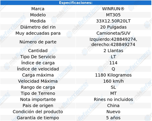 2 Llantas 33x12.50r20lt 114q Winrun Mt305 Sin Rin Foto 2