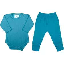 Conjunto Bebê Body Longo E Calça Turquesa Canelado Menino