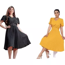 Kit 2 Vestidos Plissados Midi Cores Lisa Plus Size Tendência