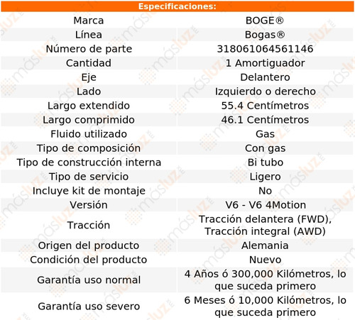 (1) Amortiguador Gas Izq/der Del Passat V6 2.8l 99/05 Boge Foto 2