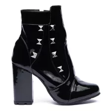 Bota Feminina Coturno Verniz Preto Apliques Prata