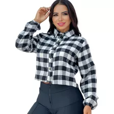 Blusa Curto Cropped Feminina Xadrez Manga Longa Com Botões