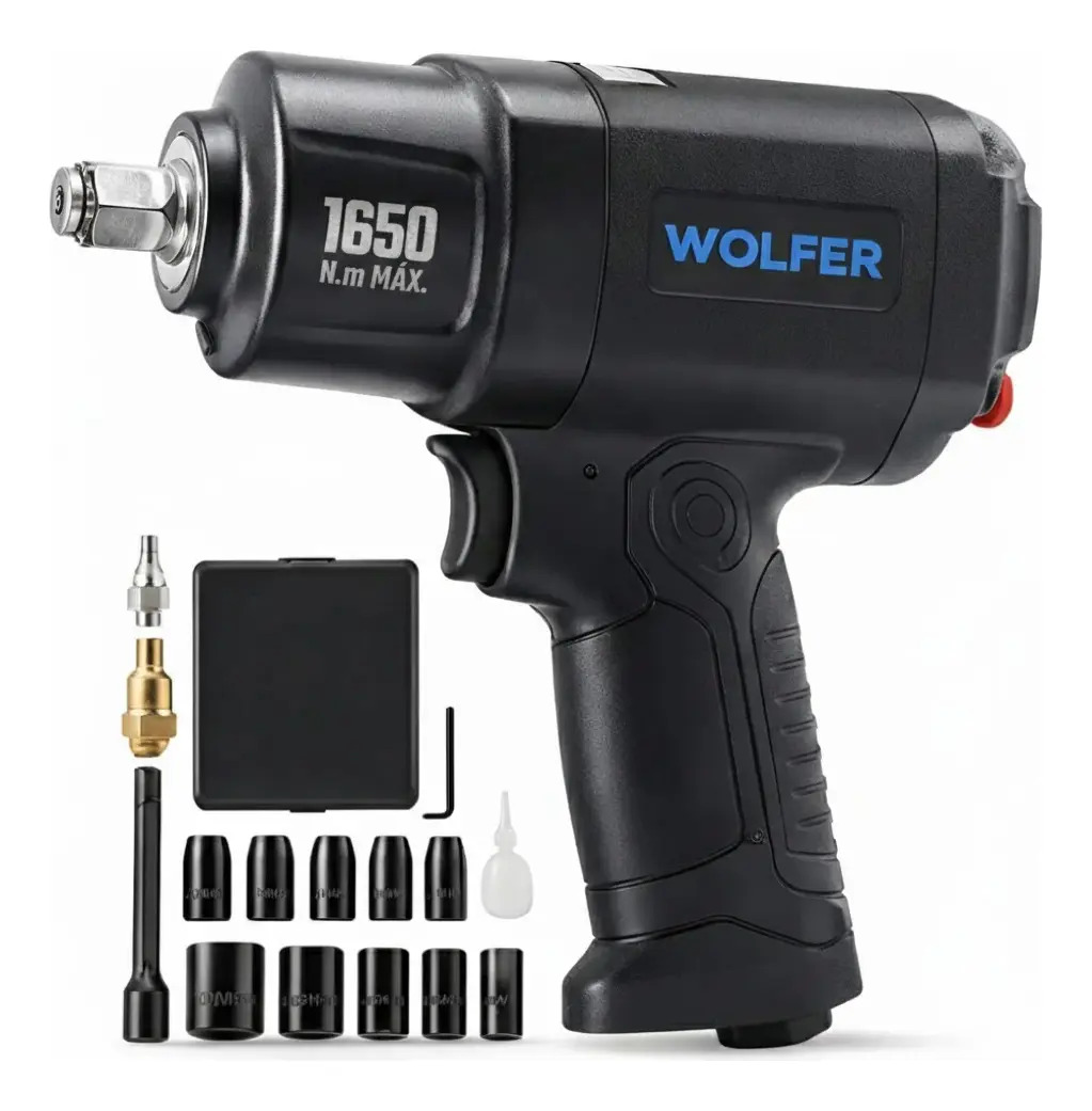 Llave Impacto Neumática Composite Wolfer 1/2 + Kit 17 1650nm Negro