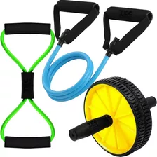 2 Elastico Exercicios + Roda Abdominal Corpo Fit Academia