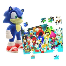 Boneco Sonic Articulado + Quebra Cabeça 90 Peças P/ Crianças