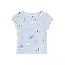 Remera Manga Corta H&m. Mariposas. Con Rayas Finas. Celeste