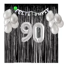 Kit Decoración Cumpleaños - 90 Años - Negro Y Plateado 