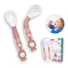 Kit Cuchara Y Tenedor Flexible Bebe Entrenamiento + Estuche