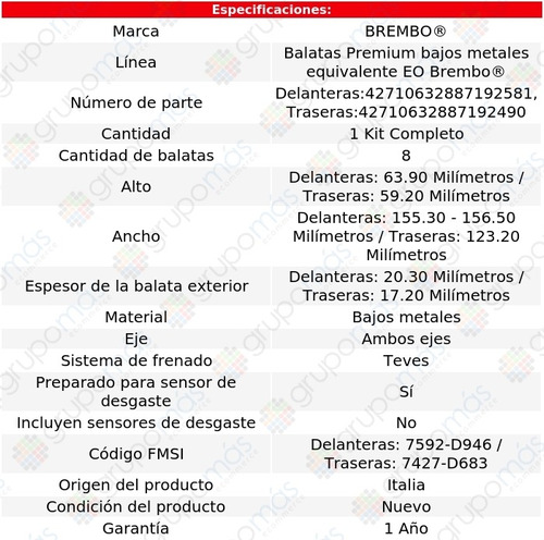 Balatas Bajos Metales Del + Tras Bmw 330ci 01 Al 06 Brembo Foto 2