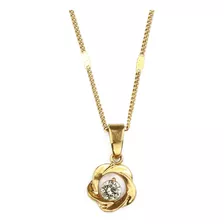 Colar + Pingente Flor Com Pedra Zircônia Banhado Ouro R:1052