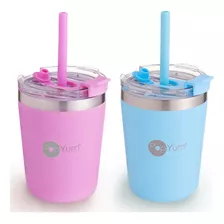 Popyum 2 Vasos Térmicos Infantil Tapa Y Popote 9oz Anti Fuga Color Azul Y Rosa