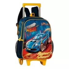 Mochila Rodinhas E Costas Escolar Infantil Menino Reforçada Cor Azul Desenho Do Tecido Carro