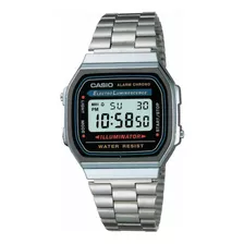 Reloj Pulsera Casio Youth Vintage A-168 De Cuerpo Color Plateado, Digital, Fondo Gris Y Negro Y Azul, Con Correa De Acero Inoxidable Color Plateado, Dial Negro, Minutero/segundero Negro, Bisel Color P