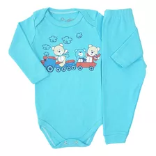 Conjunto Body E Calça Bebê Menino Algodão Suedine Azul Urso