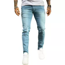 Calça Super Skinny Premium Délavé Puídos Azul Claro Casual