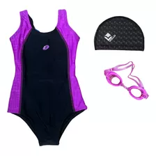 Kit Maiô Lycra Uv Forrado Preto C/ Óculos + Touca Pu Natação