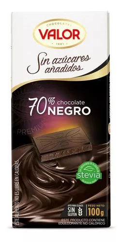 Chocolate Valor Gluten Free Sin Azúcar Amargo Dark 70% 100g.