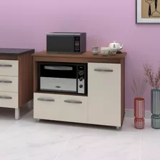 Armário Balcão Multiuso Cozinha Micro-ondas Forno Liza Cor Savana Frente Off-white