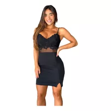 Vestido Curto Decote V Renda Crepe Cintura Tule + Fenda Saia