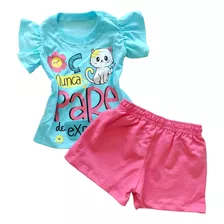 Conjunto Blusa + Short Básico Moda Infantil Manga Plissada