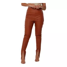 Calça De Couro Com Fenda Feminina Sintético Ziper Lateral