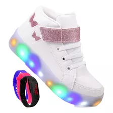 Kit Tênis Infantil Botinha Borboleta De Led Menina + Relógio