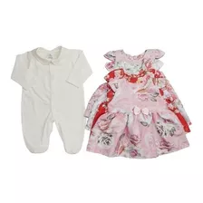 Macacão Bebê Longo C/ Vestido Estampa Floral Kit 2 Peças