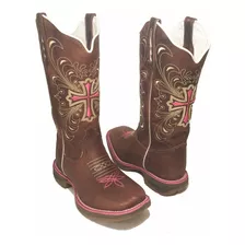 Bota Texana Feminina Cruz Rosa Sola Jump Bico Quadrado