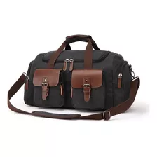 Bolsa Viagem De Bordo Pequena Masculina Lona E Couro Retro Vintage Com Alça De Ombro Cor Preto Desenho Do Tecido Liso