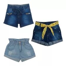 Kit 3 Shorts Jeans Feminino Infantil 4/6/8/10/12/14/16 Anos 