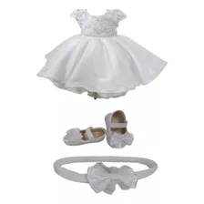 Kit Vestido + Sapatinho Roupa Bebe Menina Batizado Branco